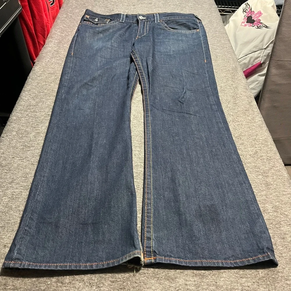 True Religion Joey Big T Bootcut Jeans Dark Wash Orange Stitch Made in USA 38x36